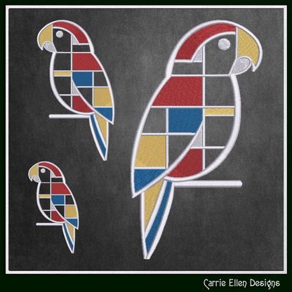 Geometric Parrot Machine Embroidery Design | Mondrian Inspired Bird Stitch File | Modern Line Art Embroidery, 6 Sizes, (4205)