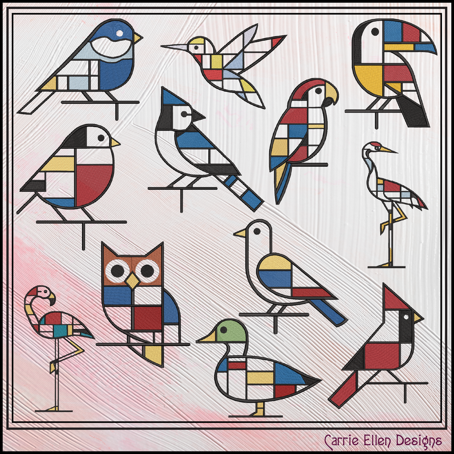 Geometric Bird Bundle Machine Embroidery Designs | Mondrian Inspired Bird Collection | Modern Line Art Stitch Files, 10 Designs, 6 Sizes, (4206)