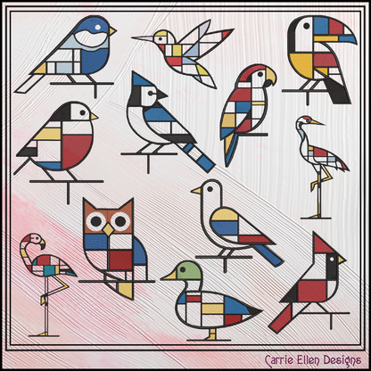 Geometric Bird Bundle Machine Embroidery Designs | Mondrian Inspired Bird Collection | Modern Line Art Stitch Files, 10 Designs, 6 Sizes, (4206)