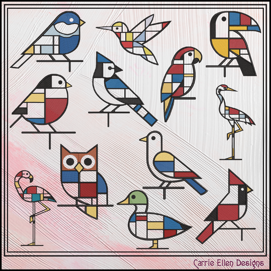 Geometric Bird Bundle Machine Embroidery Designs | Mondrian Inspired Bird Collection | Modern Line Art Stitch Files, 12 Designs, 6 Sizes, (4206)