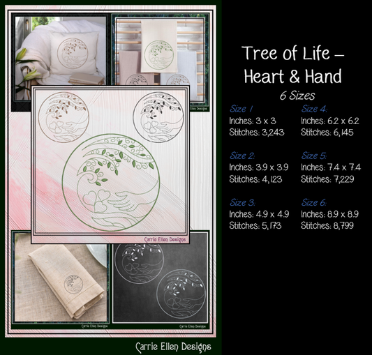 Tree of Life Heart Hands Machine Embroidery Design | Family Love Embroidery File | Nature Circle Stitch Pattern, 6 Sizes (4212)