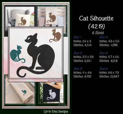 Cat Silhouette Machine Embroidery Design | Elegant Black Cat Embroidery File | Minimalist Feline Stitch Pattern, 6 Sizes (4219)