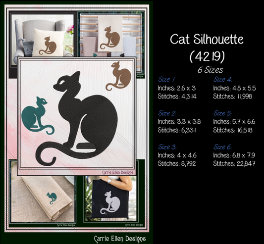 Cat Silhouette Machine Embroidery Design | Elegant Black Cat Embroidery File | Minimalist Feline Stitch Pattern, 6 Sizes (4219)