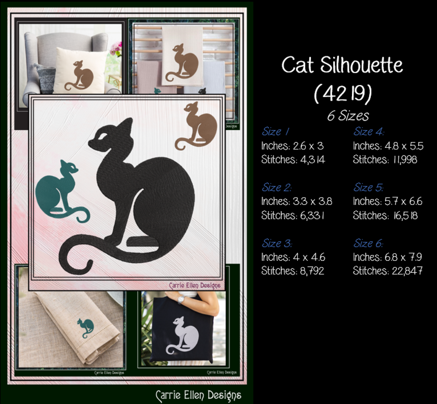 Cat Silhouette Bundle Machine Embroidery Designs | 6 Elegant Black Cat Stitch Files | Feline Embroidery Collection, 6 Sizes (4221)