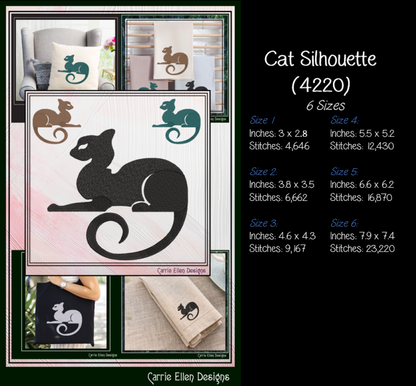 Cat Silhouette Bundle Machine Embroidery Designs | 6 Elegant Black Cat Stitch Files | Feline Embroidery Collection, 6 Sizes (4221)