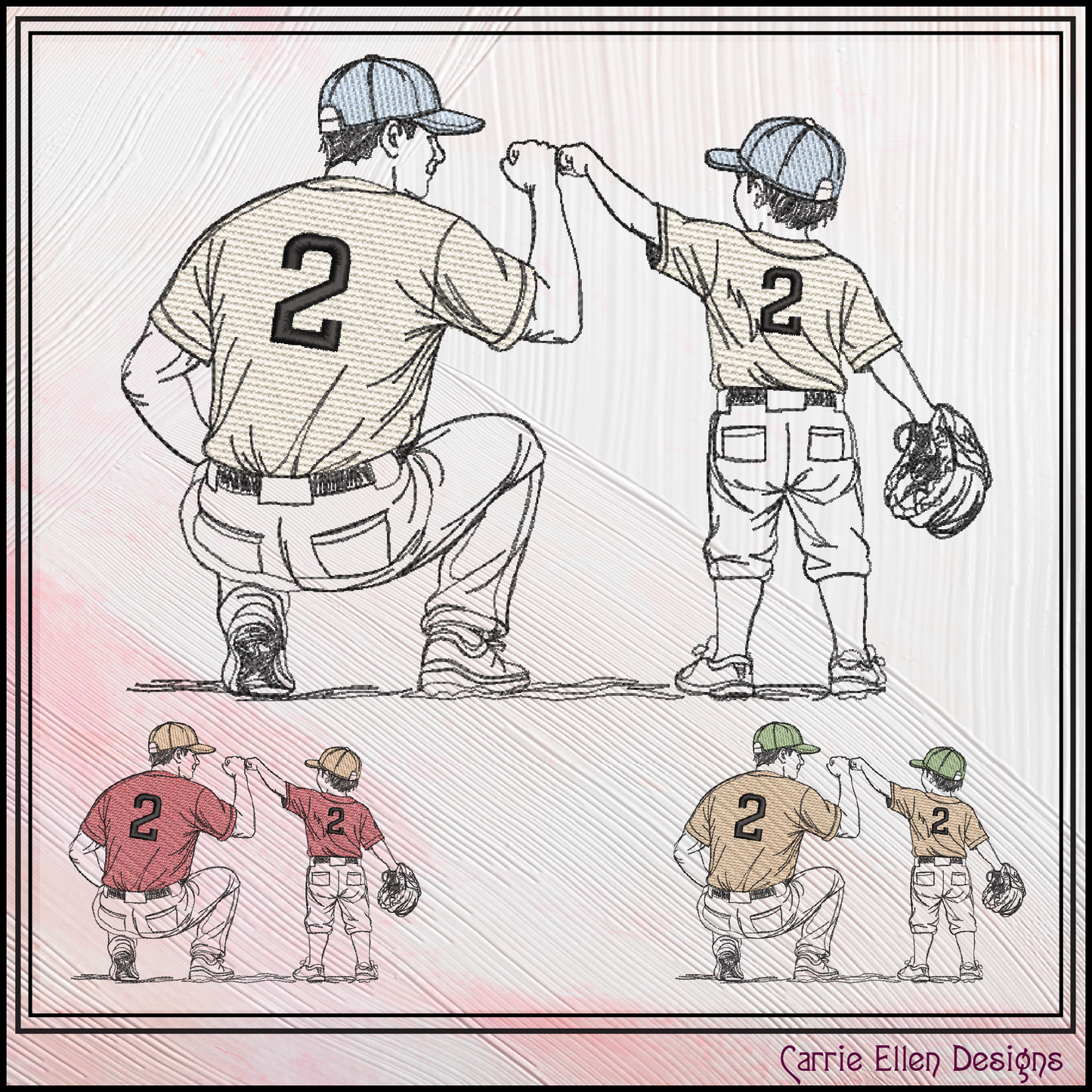 Baseball machine embroidery design featuring a parent and child sharing a fist bump after the game. Perfect for coaches, baseball families, team gifts, apparel, and keepsake projects.

Machine embroidery design showing an adult baseball player and child player sharing a fist bump, symbolizing teamwork, mentorship, and sportsmanship.