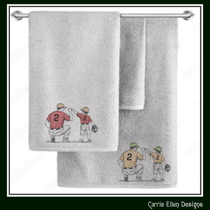 Baseball machine embroidery design featuring a parent and child sharing a fist bump after the game. Perfect for coaches, baseball families, team gifts, apparel, and keepsake projects.

Machine embroidery design showing an adult baseball player and child player sharing a fist bump, symbolizing teamwork, mentorship, and sportsmanship.