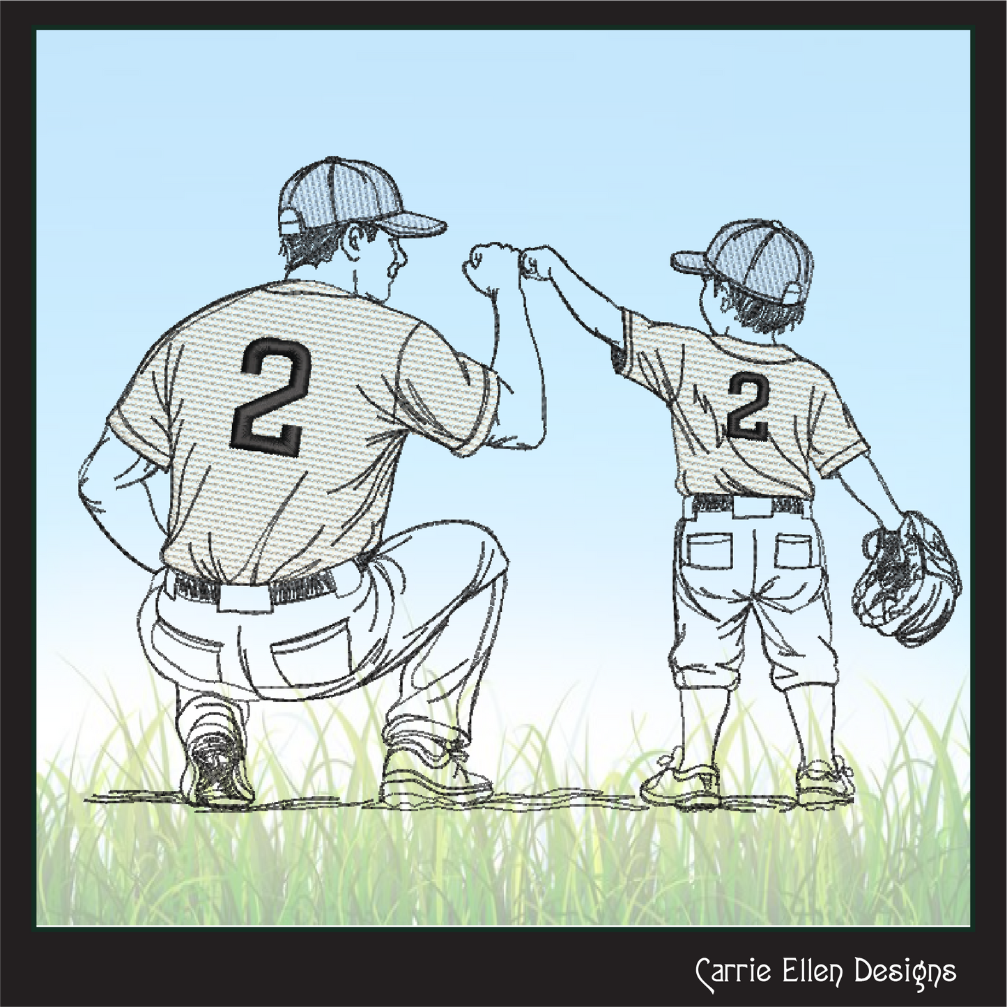Illustration of a father and son in baseball uniforms giving each other a fist bump on a grassy field.