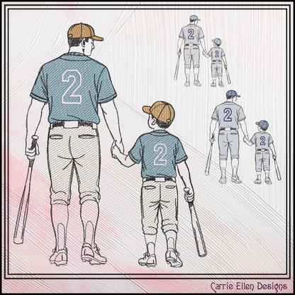 Heartwarming baseball machine embroidery design featuring a parent and child walking together with bats. Perfect for baseball families, coaches, team gifts, apparel, and sports keepsakes.

Machine embroidery design showing an adult and child baseball player walking hand in hand with matching uniforms and baseball bats.