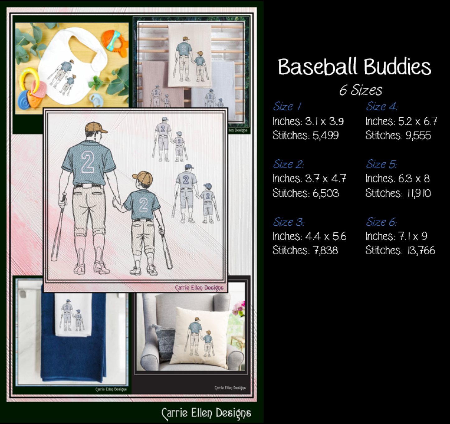 Collage of baseball-themed designs with product details on a black background