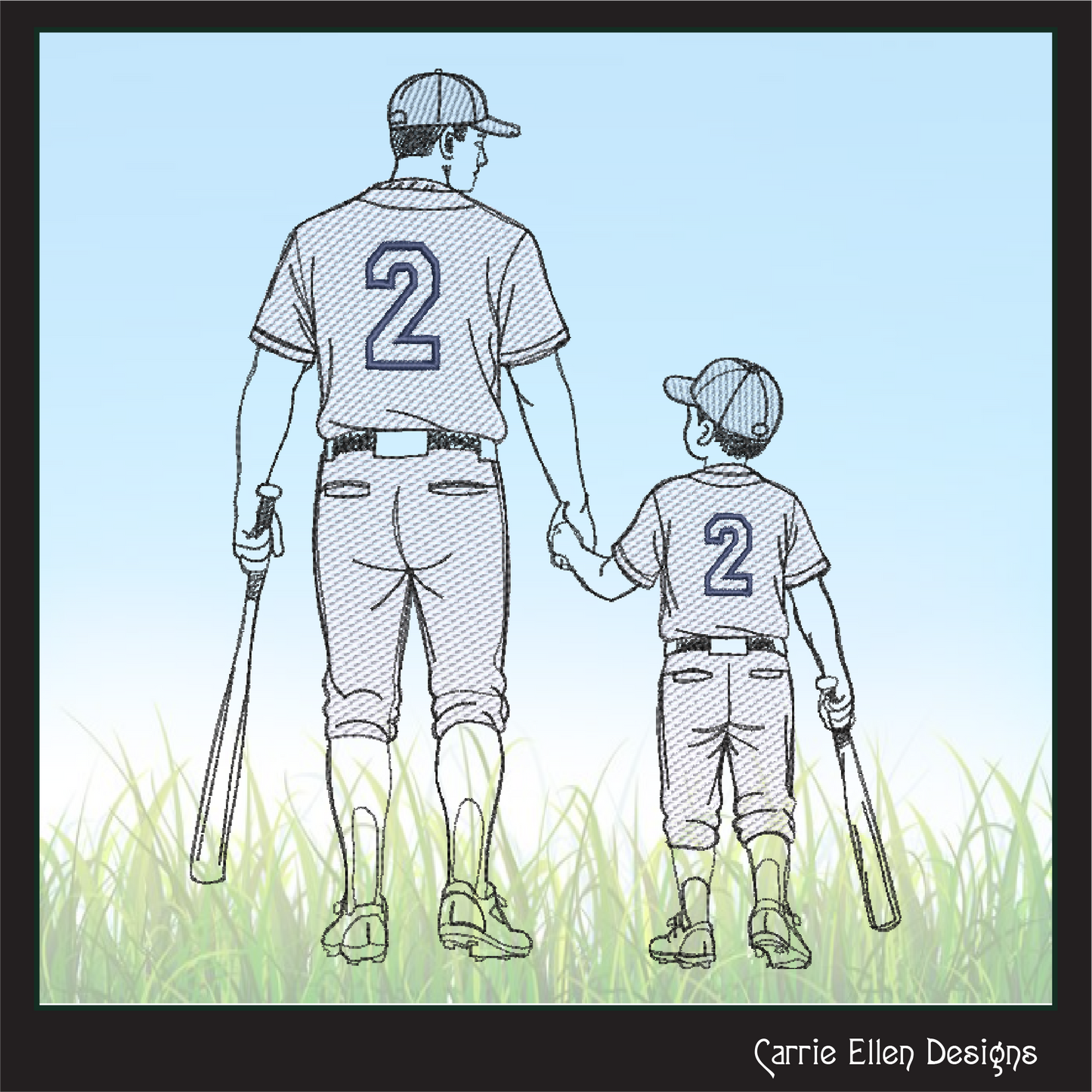 Heartwarming baseball machine embroidery design featuring a parent and child walking together with bats. Perfect for baseball families, coaches, team gifts, apparel, and sports keepsakes.

Machine embroidery design showing an adult and child baseball player walking hand in hand with matching uniforms and baseball bats.
