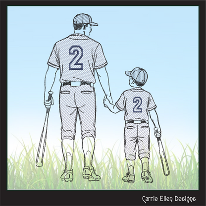 Heartwarming baseball machine embroidery design featuring a parent and child walking together with bats. Perfect for baseball families, coaches, team gifts, apparel, and sports keepsakes.

Machine embroidery design showing an adult and child baseball player walking hand in hand with matching uniforms and baseball bats.