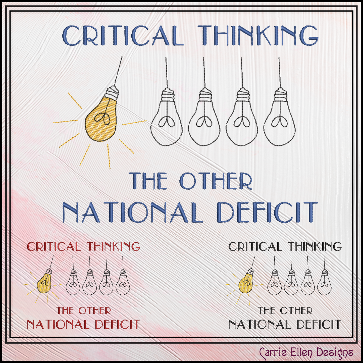 Poster with light bulbs and text about critical thinking being referred to as a national deficit.