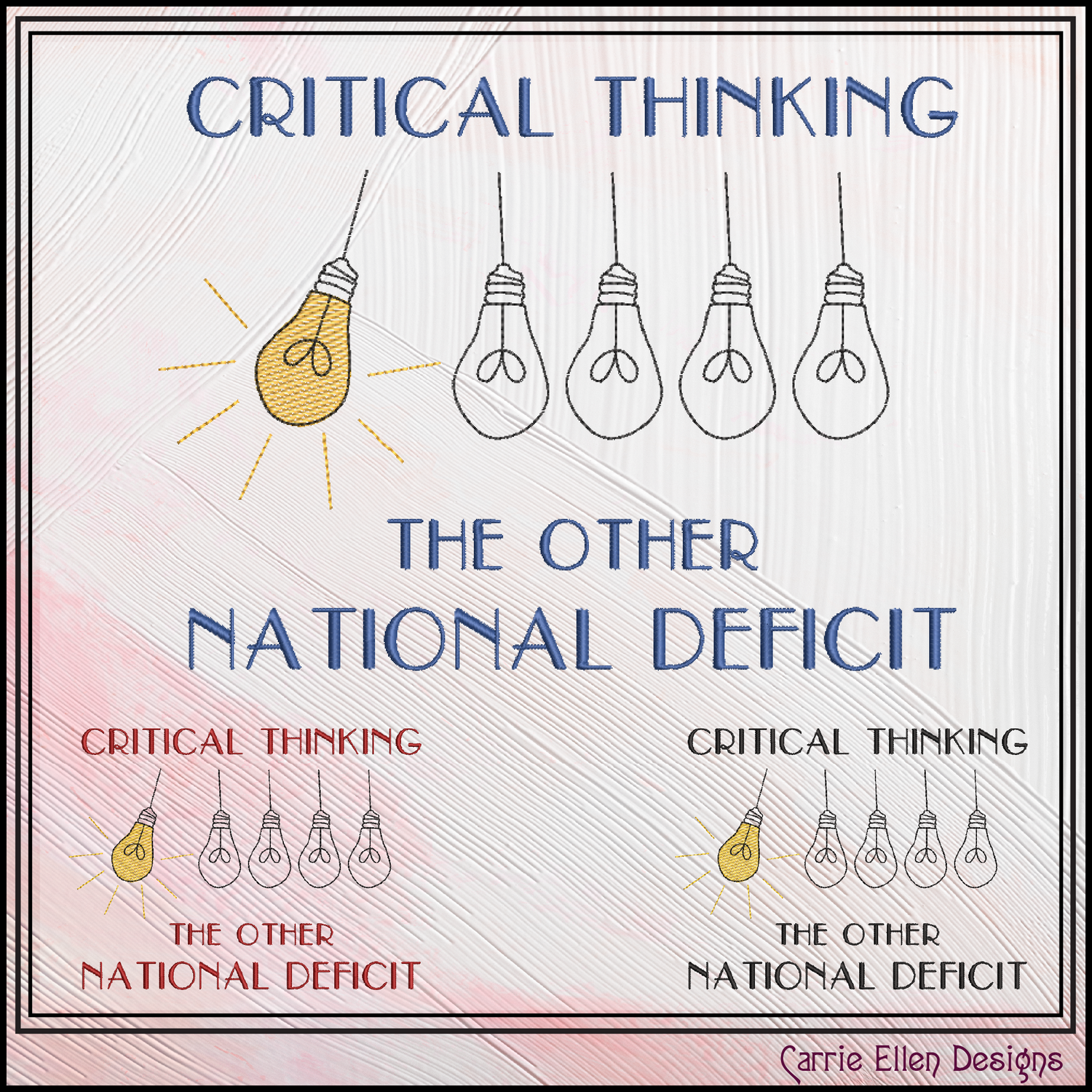 Poster with light bulbs and text about critical thinking being referred to as a national deficit.
