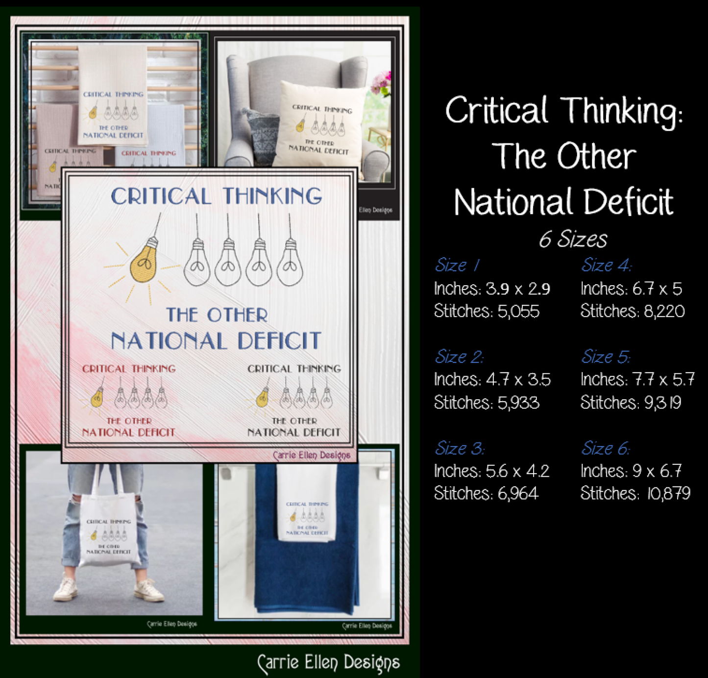 Critical Thinking The Other National Deficit machine embroidery design featuring illuminated light bulbs. Perfect for teachers, educators, students, intellectual gifts, and educational projects.

Machine embroidery design featuring one illuminated light bulb among several unlit bulbs with the phrase "Critical Thinking – The Other National Deficit."