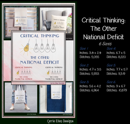 Critical Thinking The Other National Deficit machine embroidery design featuring illuminated light bulbs. Perfect for teachers, educators, students, intellectual gifts, and educational projects.

Machine embroidery design featuring one illuminated light bulb among several unlit bulbs with the phrase "Critical Thinking – The Other National Deficit."
