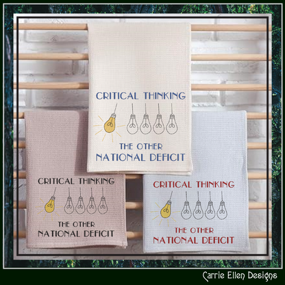 Critical Thinking The Other National Deficit machine embroidery design featuring illuminated light bulbs. Perfect for teachers, educators, students, intellectual gifts, and educational projects.

Machine embroidery design featuring one illuminated light bulb among several unlit bulbs with the phrase "Critical Thinking – The Other National Deficit."