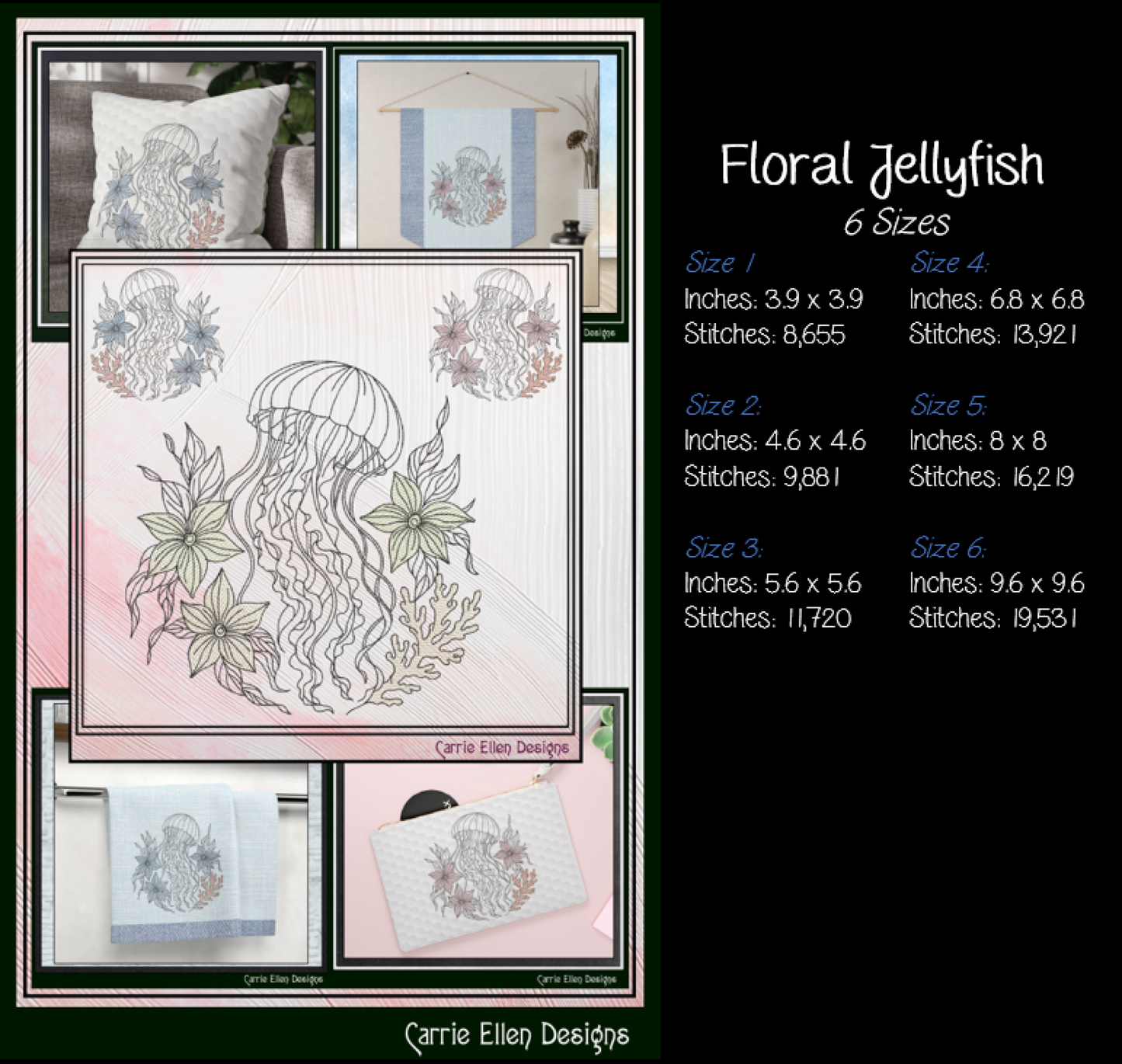 Floral Jellyfish machine embroidery design featuring botanical flowers, seaweed, and coral accents. Perfect for coastal décor, beach towels, apparel, quilts, tote bags, and ocean-themed gifts.

Machine embroidery design featuring an elegant floral jellyfish surrounded by botanical flowers, seaweed, and coral in a coastal outline style.

floral jellyfish, jellyfish design, ocean embroidery, beach embroidery, coastal decor, marine life, botanical art, floral 