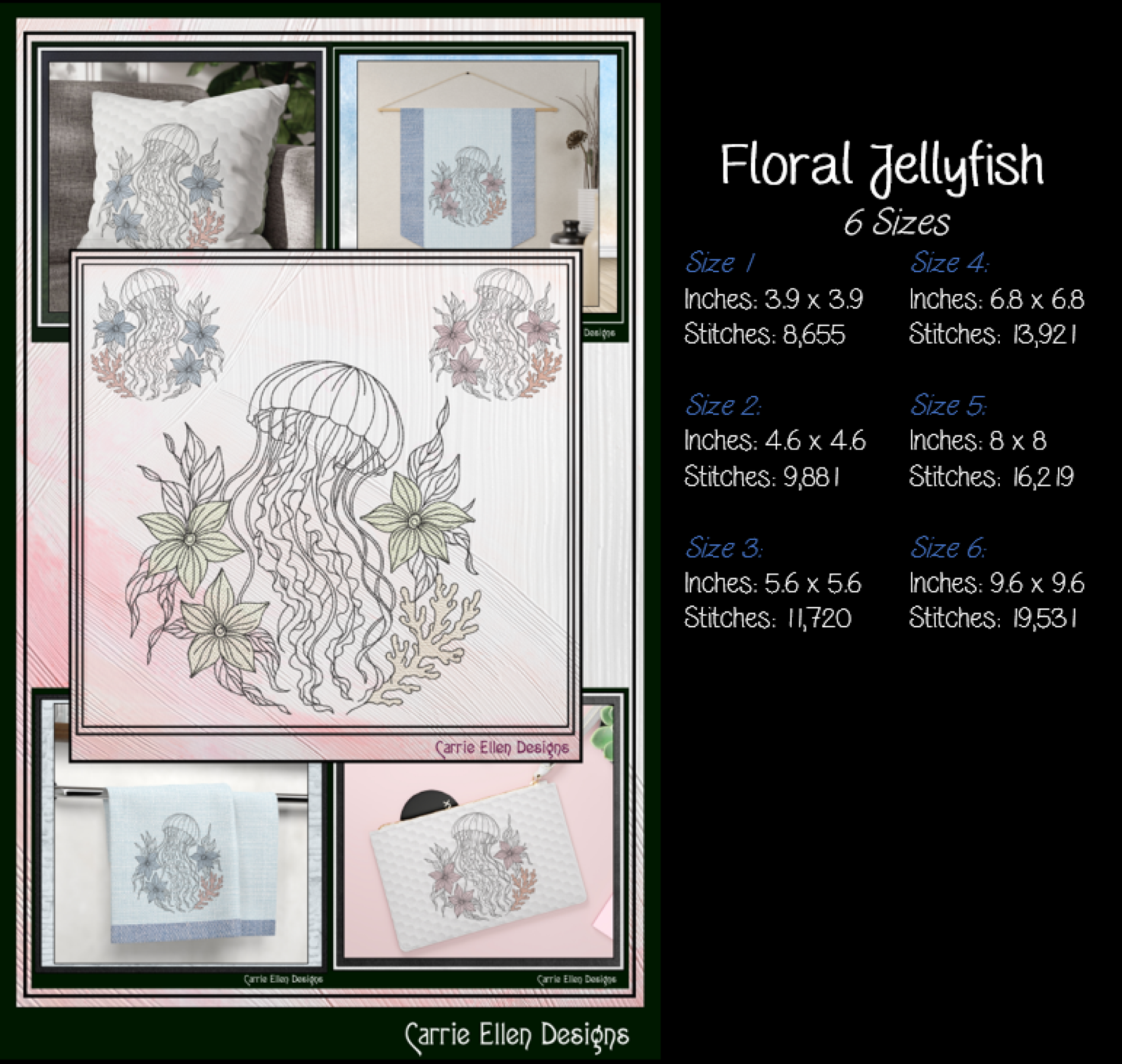 Floral Jellyfish machine embroidery design featuring botanical flowers, seaweed, and coral accents. Perfect for coastal décor, beach towels, apparel, quilts, tote bags, and ocean-themed gifts.

Machine embroidery design featuring an elegant floral jellyfish surrounded by botanical flowers, seaweed, and coral in a coastal outline style.

floral jellyfish, jellyfish design, ocean embroidery, beach embroidery, coastal decor, marine life, botanical art, floral 