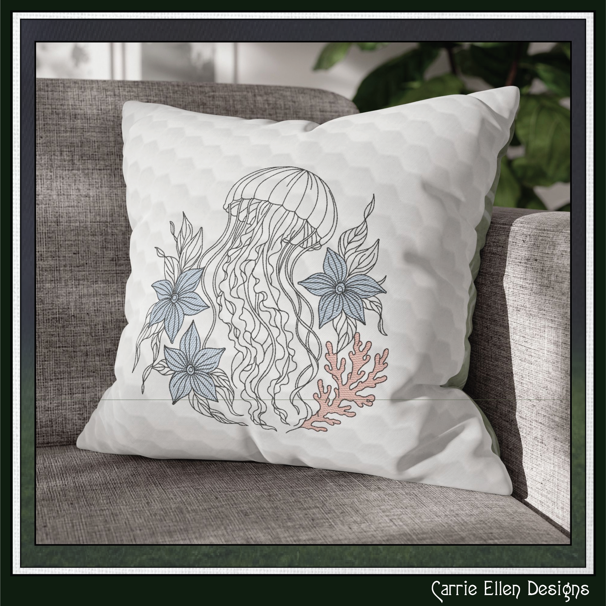 Floral Jellyfish machine embroidery design featuring botanical flowers, seaweed, and coral accents. Perfect for coastal décor, beach towels, apparel, quilts, tote bags, and ocean-themed gifts.

Machine embroidery design featuring an elegant floral jellyfish surrounded by botanical flowers, seaweed, and coral in a coastal outline style.

floral jellyfish, jellyfish design, ocean embroidery, beach embroidery, coastal decor, marine life, botanical art, floral 