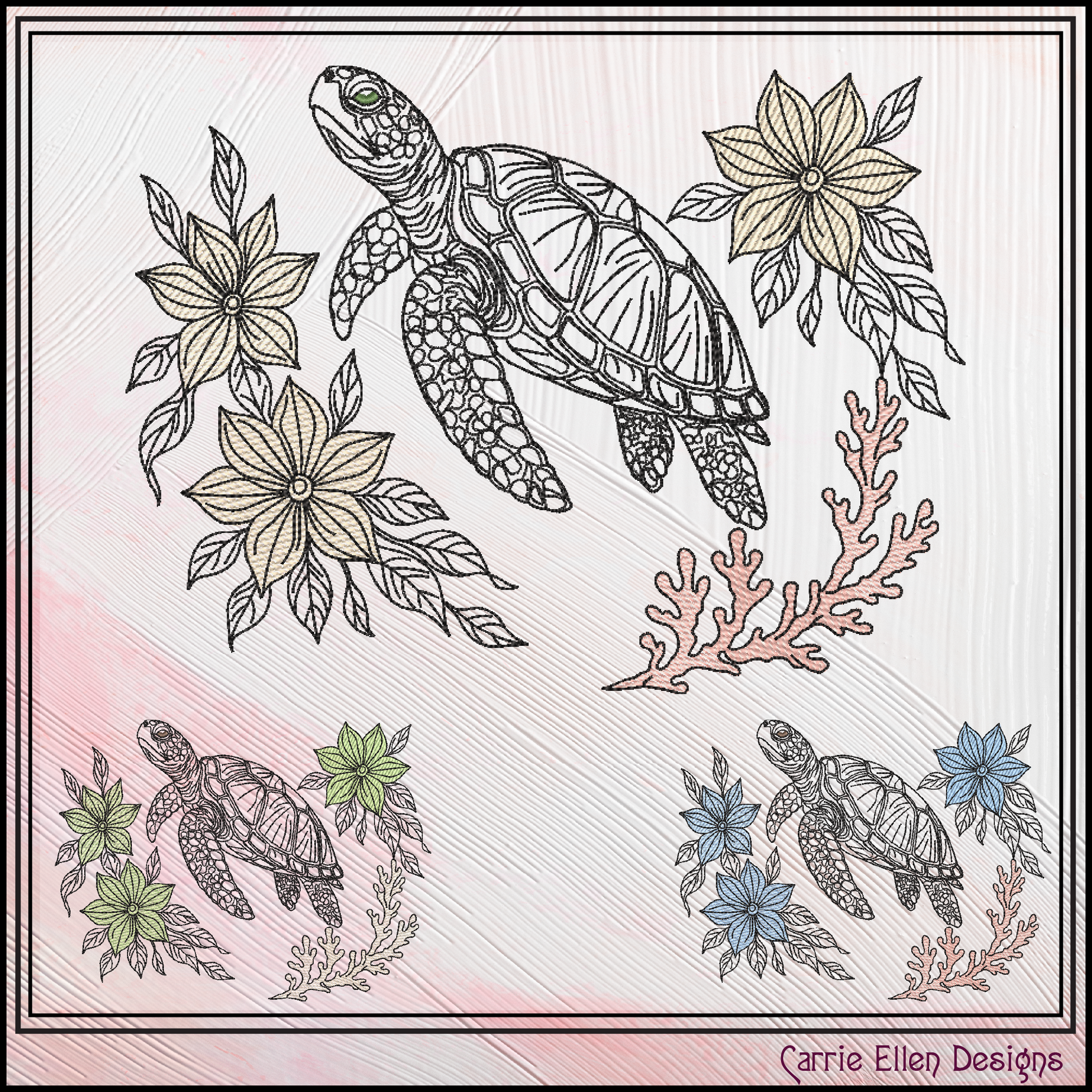 Floral Sea Turtle machine embroidery design featuring elegant botanical flowers and coral accents. Perfect for coastal décor, beach towels, apparel, quilts, tote bags, and handmade gifts.

Machine embroidery design of a floral sea turtle surrounded by botanical flowers and coral in an elegant outline style.