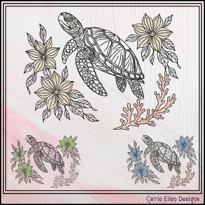 Floral Sea Turtle machine embroidery design featuring elegant botanical flowers and coral accents. Perfect for coastal décor, beach towels, apparel, quilts, tote bags, and handmade gifts.

Machine embroidery design of a floral sea turtle surrounded by botanical flowers and coral in an elegant outline style.
