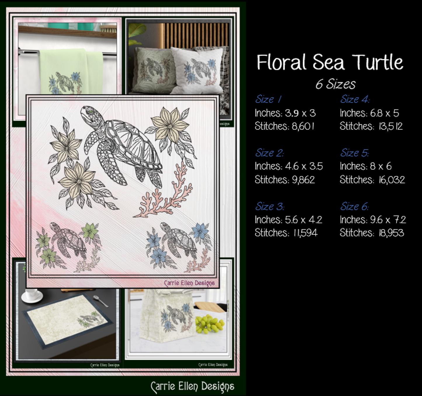 Floral Sea Turtle machine embroidery design featuring elegant botanical flowers and coral accents. Perfect for coastal décor, beach towels, apparel, quilts, tote bags, and handmade gifts.

Machine embroidery design of a floral sea turtle surrounded by botanical flowers and coral in an elegant outline style.