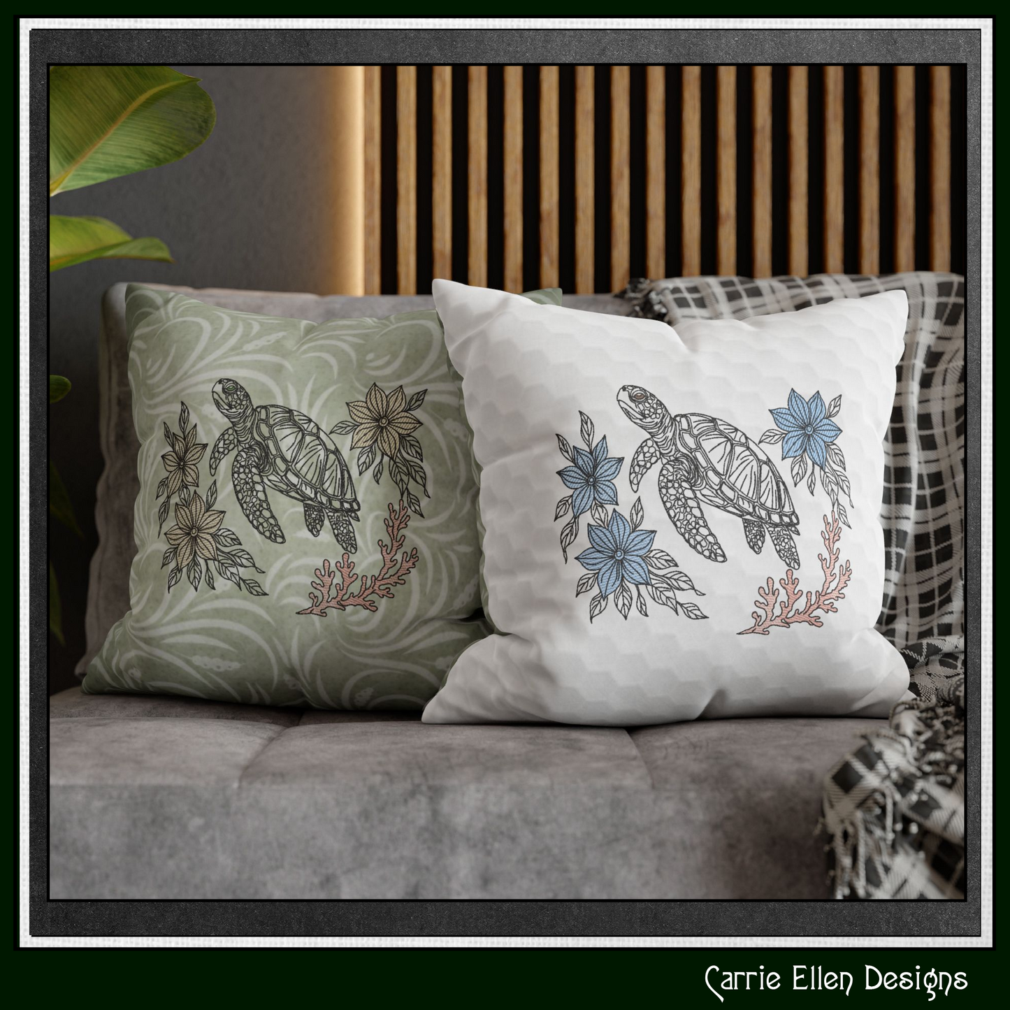 Floral Sea Turtle machine embroidery design featuring elegant botanical flowers and coral accents. Perfect for coastal décor, beach towels, apparel, quilts, tote bags, and handmade gifts.

Machine embroidery design of a floral sea turtle surrounded by botanical flowers and coral in an elegant outline style.