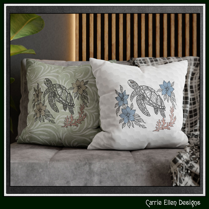 Floral Sea Turtle machine embroidery design featuring elegant botanical flowers and coral accents. Perfect for coastal décor, beach towels, apparel, quilts, tote bags, and handmade gifts.

Machine embroidery design of a floral sea turtle surrounded by botanical flowers and coral in an elegant outline style.