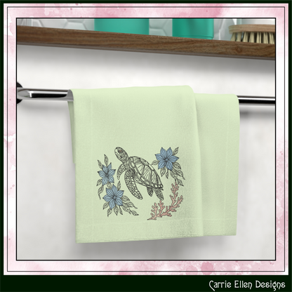 Floral Sea Turtle machine embroidery design featuring elegant botanical flowers and coral accents. Perfect for coastal décor, beach towels, apparel, quilts, tote bags, and handmade gifts.

Machine embroidery design of a floral sea turtle surrounded by botanical flowers and coral in an elegant outline style.