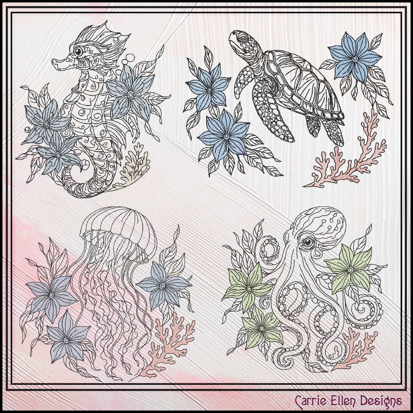 Floral Marine Animals Bundle machine embroidery designs featuring a seahorse, sea turtle, octopus, and jellyfish with botanical accents. Perfect for coastal décor, towels, quilts, apparel, and gifts.

Alt Text

Machine embroidery bundle featuring floral seahorse, sea turtle, octopus, and jellyfish outline designs with botanical accents.
