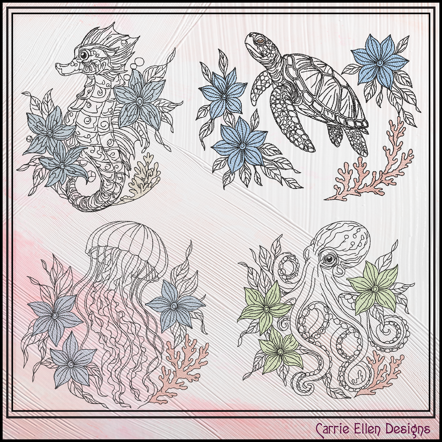 Floral Marine Animals Bundle machine embroidery designs featuring a seahorse, sea turtle, octopus, and jellyfish with botanical accents. Perfect for coastal décor, towels, quilts, apparel, and gifts.

Alt Text

Machine embroidery bundle featuring floral seahorse, sea turtle, octopus, and jellyfish outline designs with botanical accents.