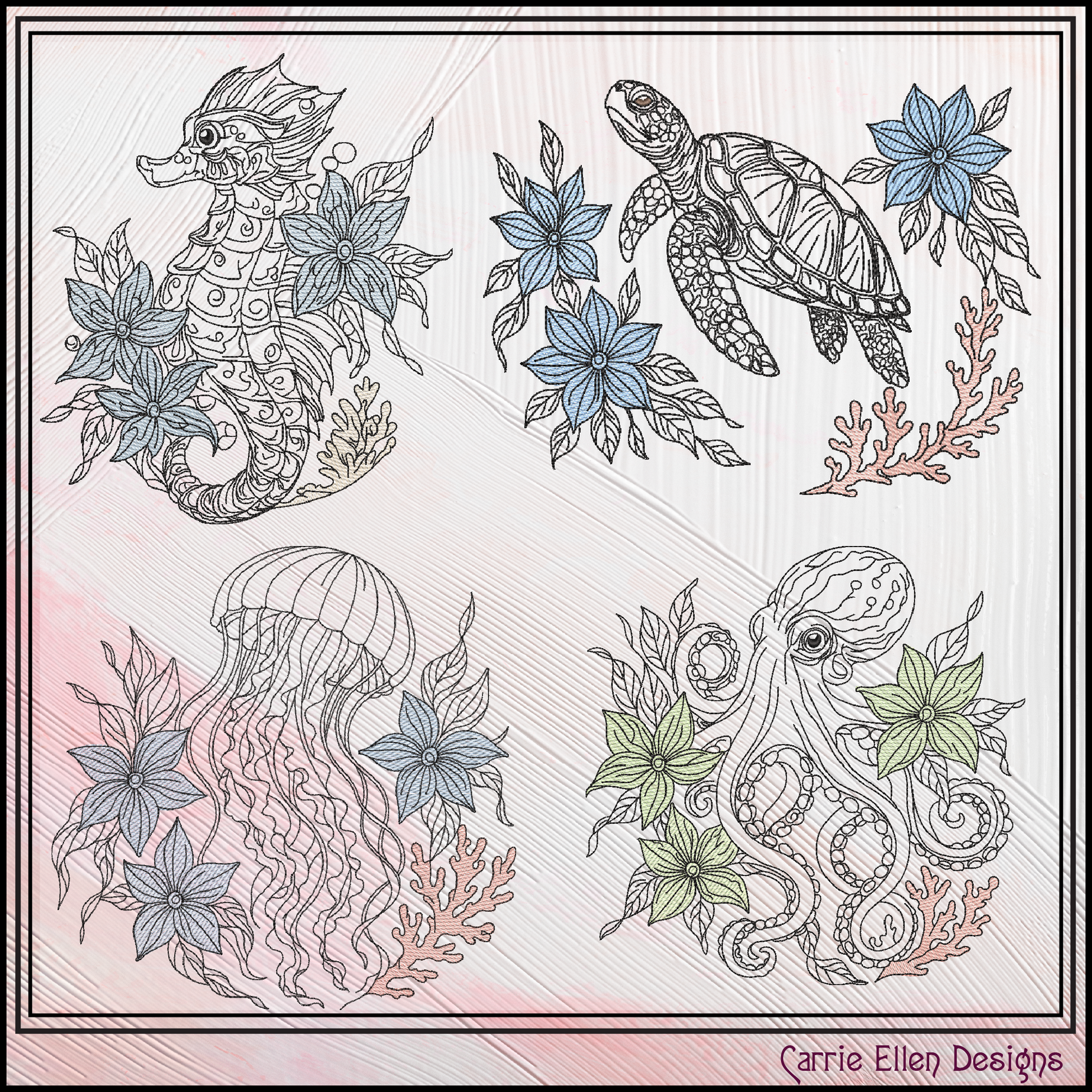 Floral Marine Animals Bundle machine embroidery designs featuring a seahorse, sea turtle, octopus, and jellyfish with botanical accents. Perfect for coastal décor, towels, quilts, apparel, and gifts.

Alt Text

Machine embroidery bundle featuring floral seahorse, sea turtle, octopus, and jellyfish outline designs with botanical accents.