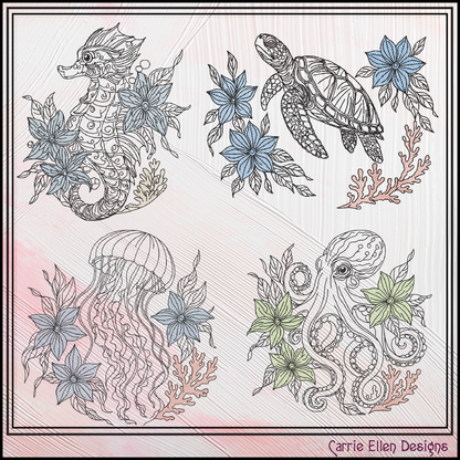 Floral Marine Animals Bundle machine embroidery designs featuring a seahorse, sea turtle, octopus, and jellyfish with botanical accents. Perfect for coastal décor, towels, quilts, apparel, and gifts.

Alt Text

Machine embroidery bundle featuring floral seahorse, sea turtle, octopus, and jellyfish outline designs with botanical accents.
