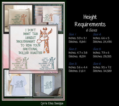 I Don't Meet the Height Requirement to Ride Your Emotional Roller Coaster Machine Embroidery Design | Snarky Adult Humor Digital Download, 6 Sizes (4235)
