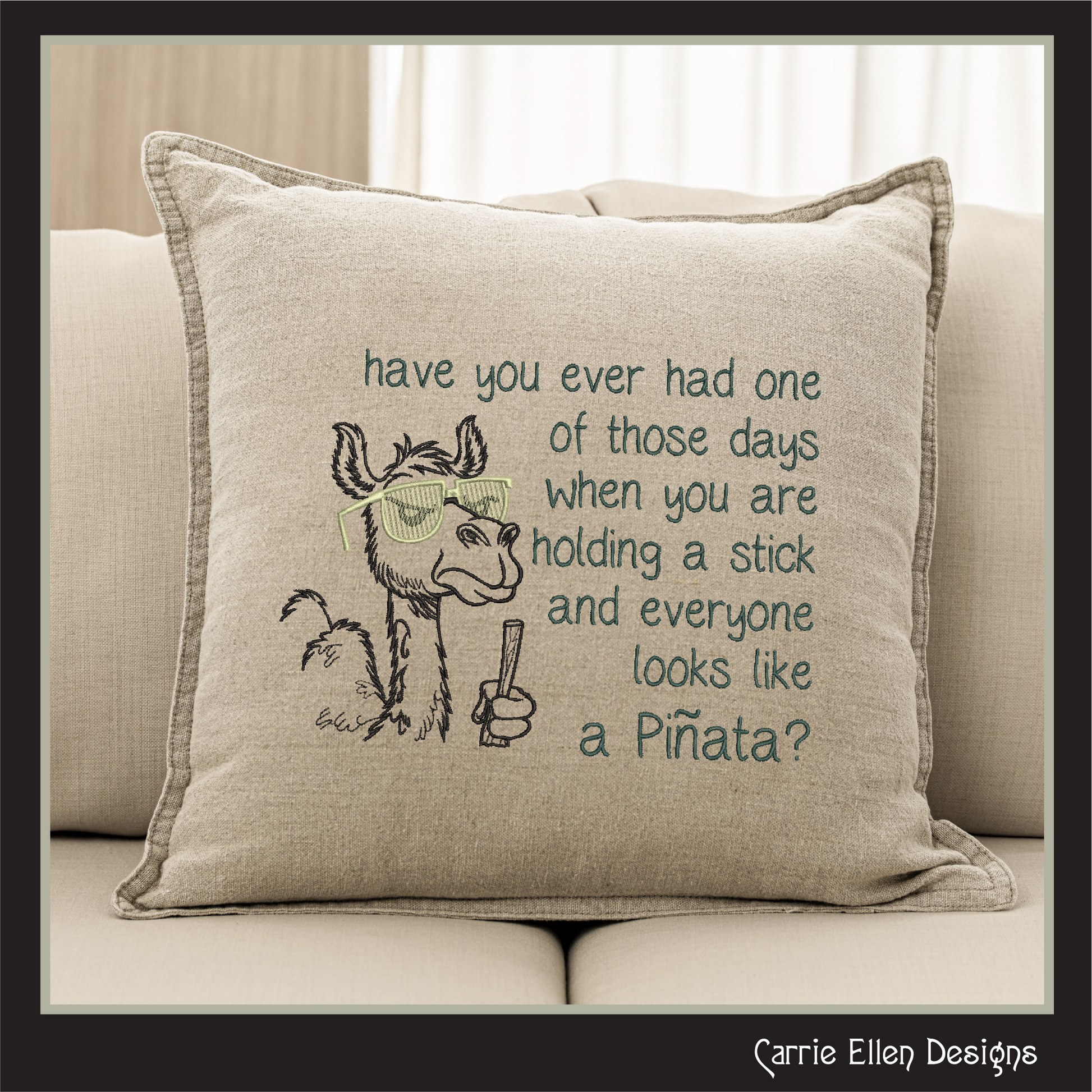 Funny camel machine embroidery design featuring the saying "Have You Ever Had One of Those Days When You Are Holding a Stick and Everyone Looks Like a Piñata?" Perfect for humorous apparel and gifts.

Machine embroidery design of a camel wearing sunglasses holding a stick with a funny piñata-themed adult humor quote.

funny camel, camel embroidery, pinata joke, adult humor, snarky design, funny saying, humor embroidery, sarcastic gift, funny shirt, machine 