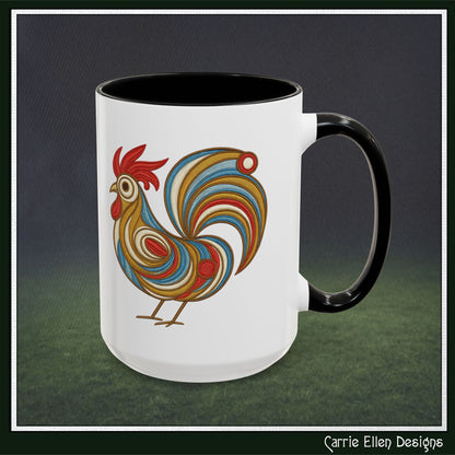 Colorful Rooster Accent Coffee Mug – Abstract Farmhouse Animal Embroidery Styled Print | 11oz & 15oz Ceramic (P-6081)