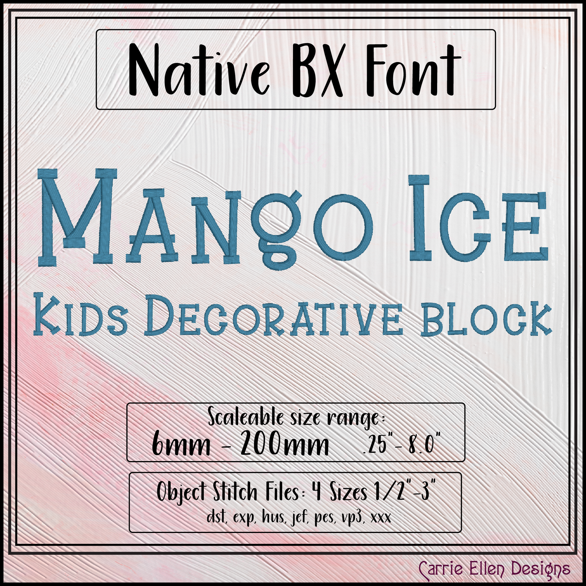 Mango Ice Kids Decorative BX embroidery font with uppercase, lowercase, numbers, punctuation, and native Embrilliance BX format. Perfect for children's embroidery and personalized gifts.

Blue Mango Ice Kids Decorative Block machine embroidery BX font featuring playful uppercase and lowercase letters for children's embroidery projects.