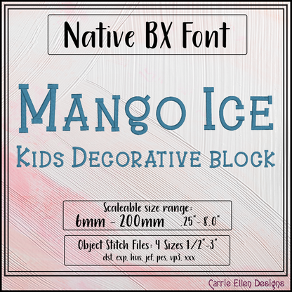 Mango Ice Kids Decorative BX embroidery font with uppercase, lowercase, numbers, punctuation, and native Embrilliance BX format. Perfect for children's embroidery and personalized gifts.

Blue Mango Ice Kids Decorative Block machine embroidery BX font featuring playful uppercase and lowercase letters for children's embroidery projects.