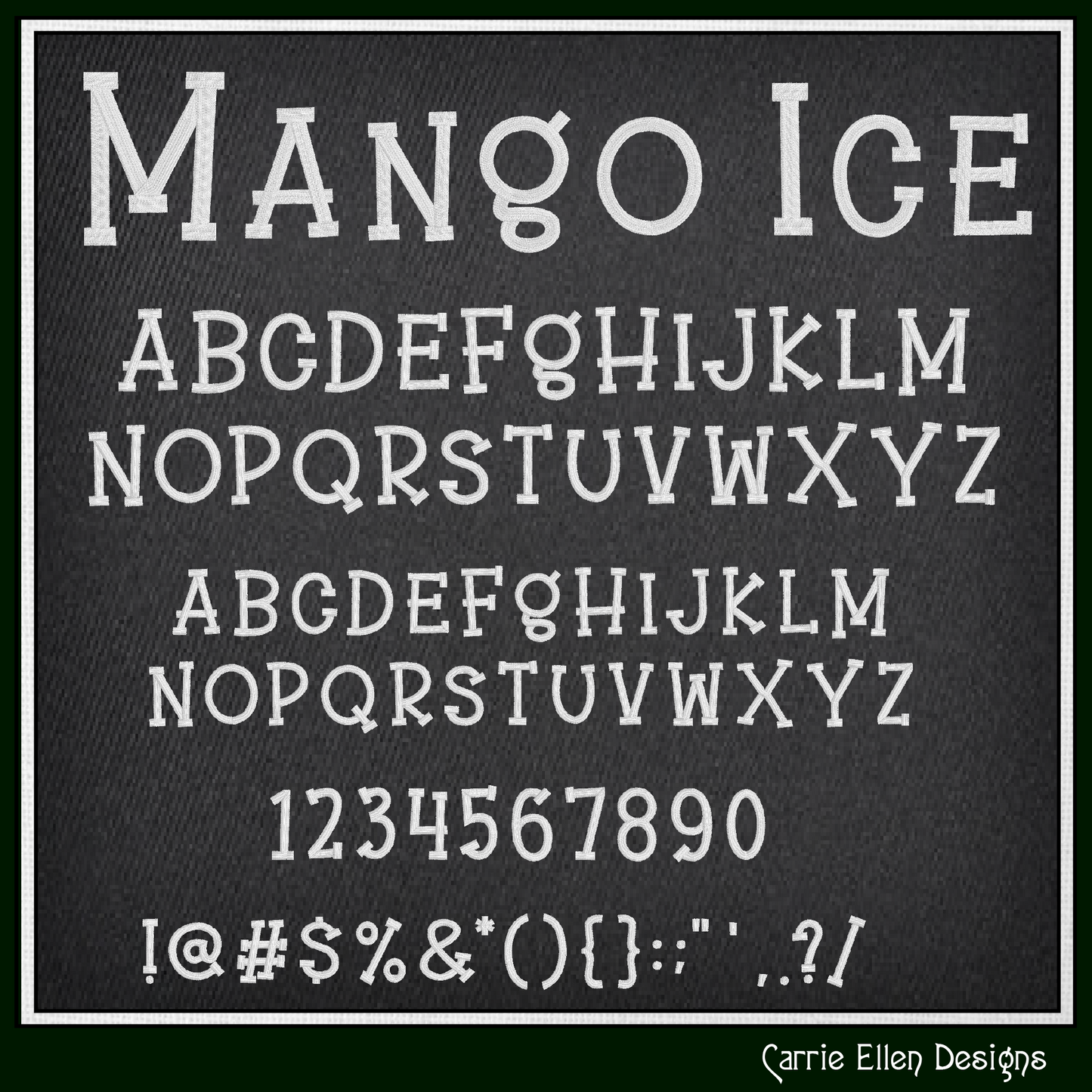 Mango Ice Kids Decorative BX embroidery font with uppercase, lowercase, numbers, punctuation, and native Embrilliance BX format. Perfect for children's embroidery and personalized gifts.

Blue Mango Ice Kids Decorative Block machine embroidery BX font featuring playful uppercase and lowercase letters for children's embroidery projects.