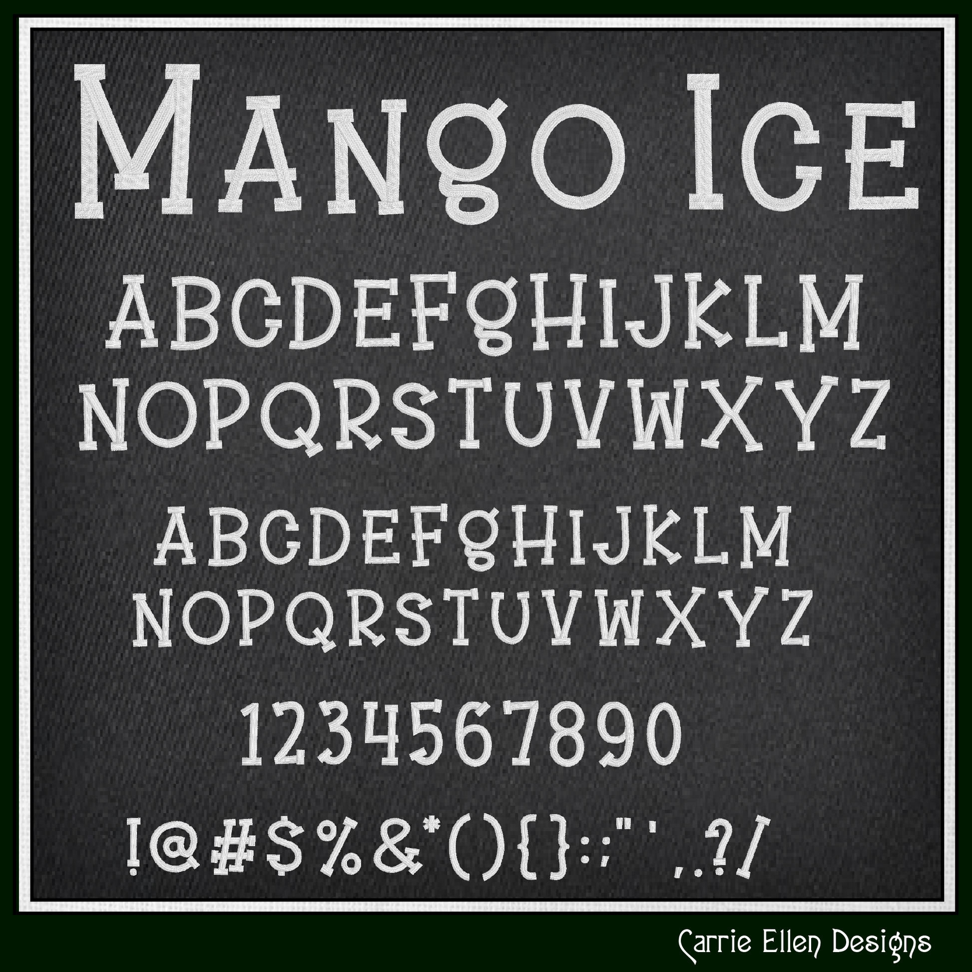 Mango Ice Kids Decorative BX embroidery font with uppercase, lowercase, numbers, punctuation, and native Embrilliance BX format. Perfect for children's embroidery and personalized gifts.

Blue Mango Ice Kids Decorative Block machine embroidery BX font featuring playful uppercase and lowercase letters for children's embroidery projects.