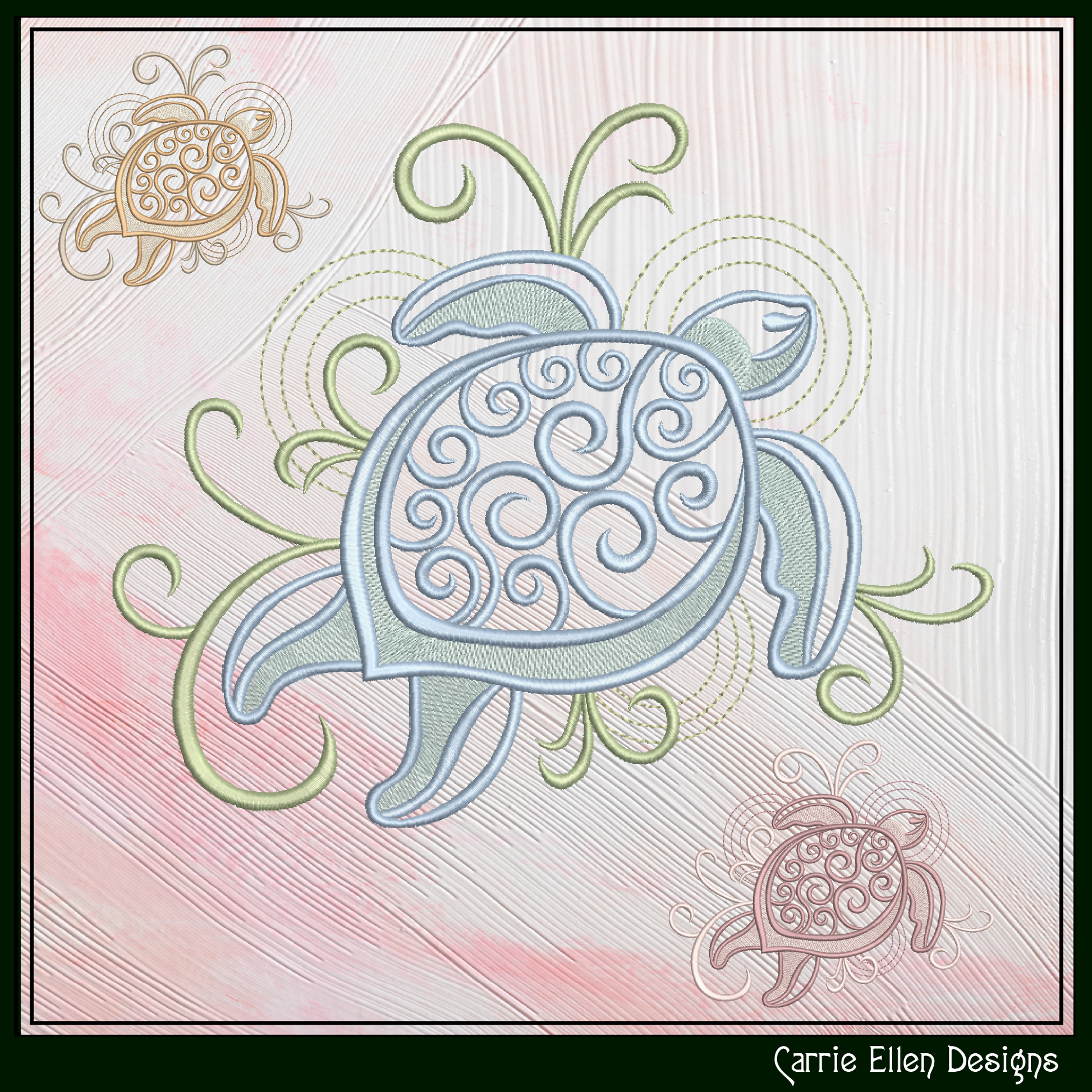 Elegant Sea Turtle machine embroidery design featuring decorative swirl details and coastal styling. Perfect for beach décor, apparel, quilts, tote bags, and nautical embroidery projects.

Machine embroidery design featuring an elegant sea turtle with decorative swirl shell details and flowing coastal accents.