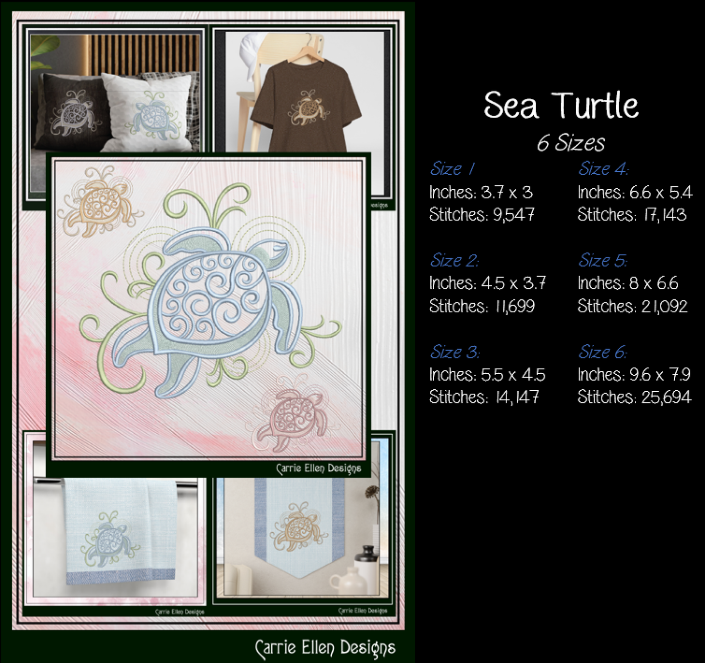Elegant Sea Turtle machine embroidery design featuring decorative swirl details and coastal styling. Perfect for beach décor, apparel, quilts, tote bags, and nautical embroidery projects.

Machine embroidery design featuring an elegant sea turtle with decorative swirl shell details and flowing coastal accents.