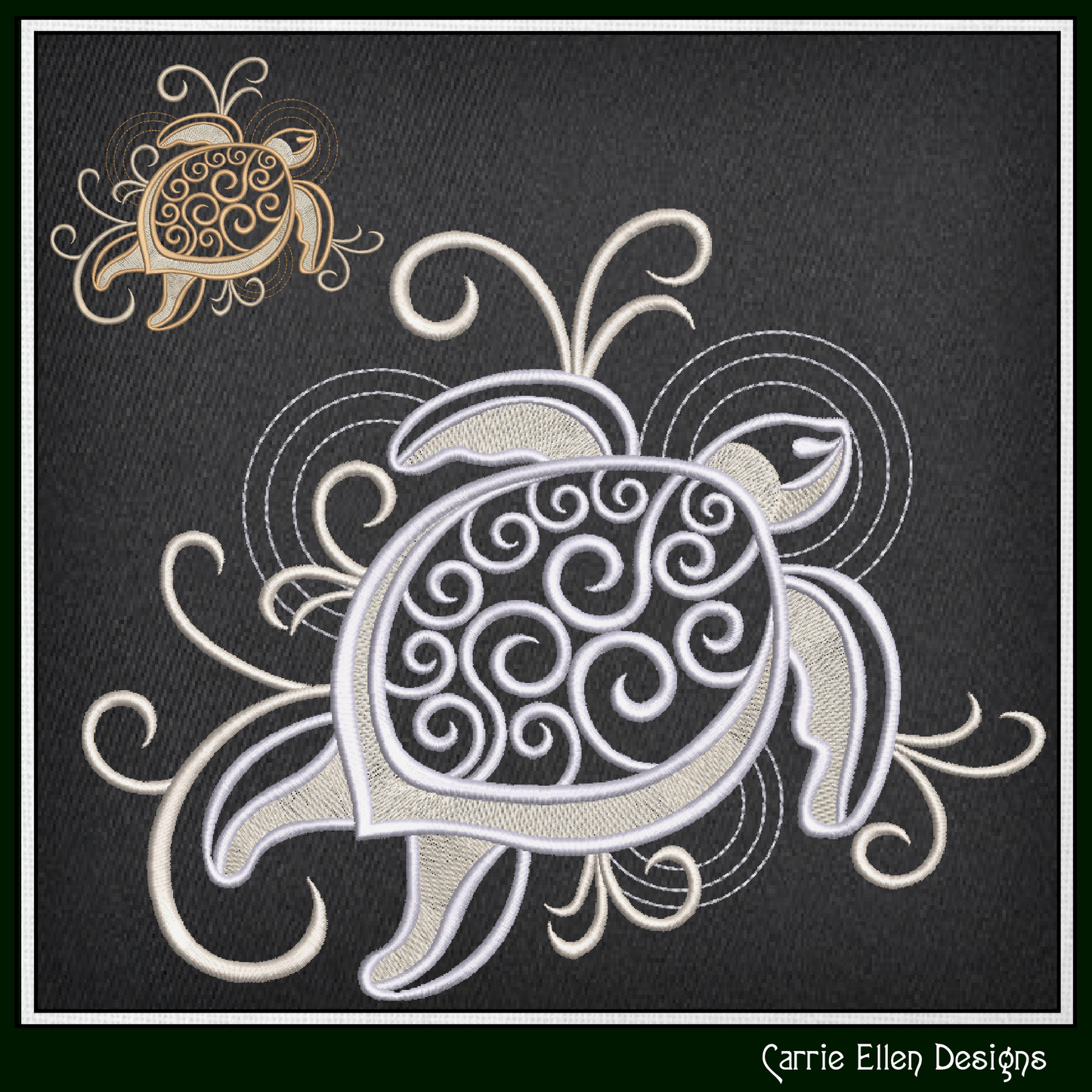 Elegant Sea Turtle machine embroidery design featuring decorative swirl details and coastal styling. Perfect for beach décor, apparel, quilts, tote bags, and nautical embroidery projects.

Machine embroidery design featuring an elegant sea turtle with decorative swirl shell details and flowing coastal accents.
