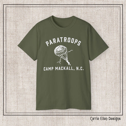 Camp Mackall Paratroops Short Sleeve T-Shirt – Vintage WWII Military Camp Design – Heavyweight 100% Cotton Tee (P-6032)