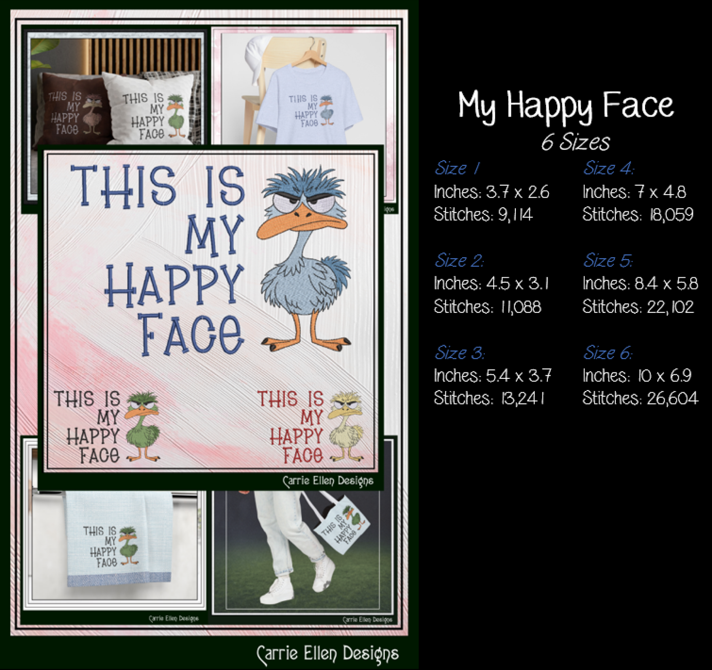 This Is My Happy Face Machine Embroidery Design | Funny Grumpy Bird Stitch File | Sarcastic Adult Humor, 6 Sizes (4248)