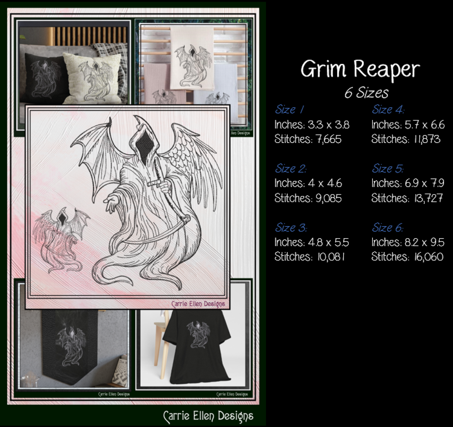 Grim Reaper with Angel & Demon Wings Machine Embroidery Design, 6 Sizes (4268)