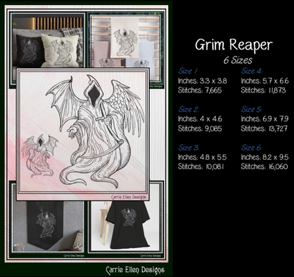 Grim Reaper with Angel & Demon Wings Machine Embroidery Design, 6 Sizes (4268)