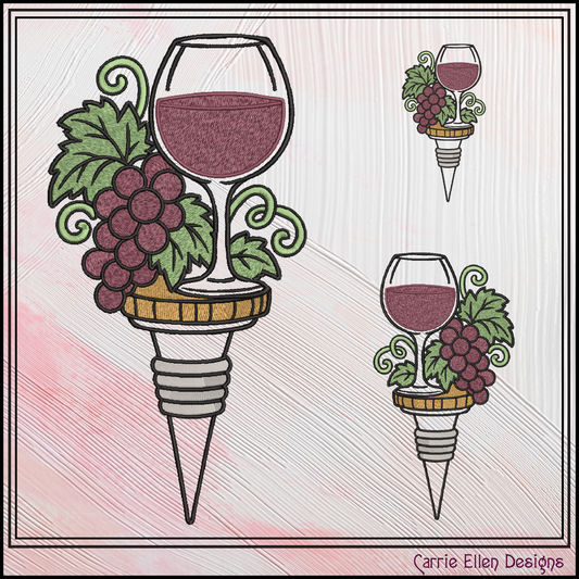 Wine Glass & Grapes Bottle Stopper Machine Embroidery Design File - Elegant Wine Theme Pattern, 6 Sizes (4306)