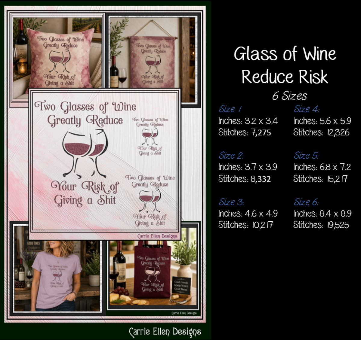 Funny Two Glasses Of Wine Reduce Risk Machine Embroidery Design File - Sarcastic Wine Quote Pattern, 6 Sizes (4314)